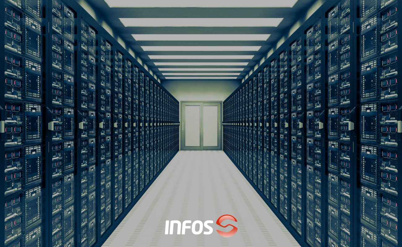 Exemplo de instalação de datacenter com switching, racks, UPS, sistemas anti-incêndio e monitorização ambiental.