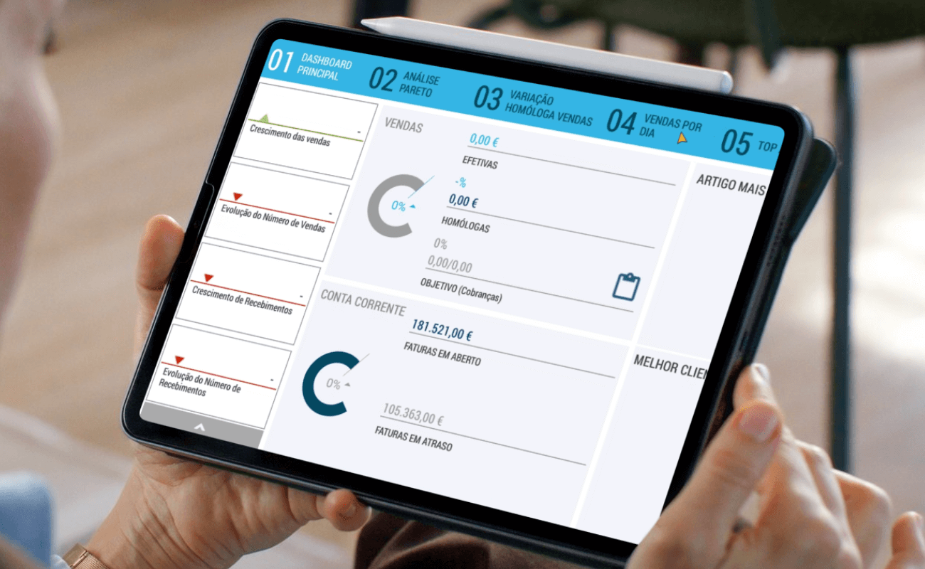Exemplo de interface da KORA Sales Suite para utilização por equipas de vendas externas, com funcionalidades completas e sincronização ERP.