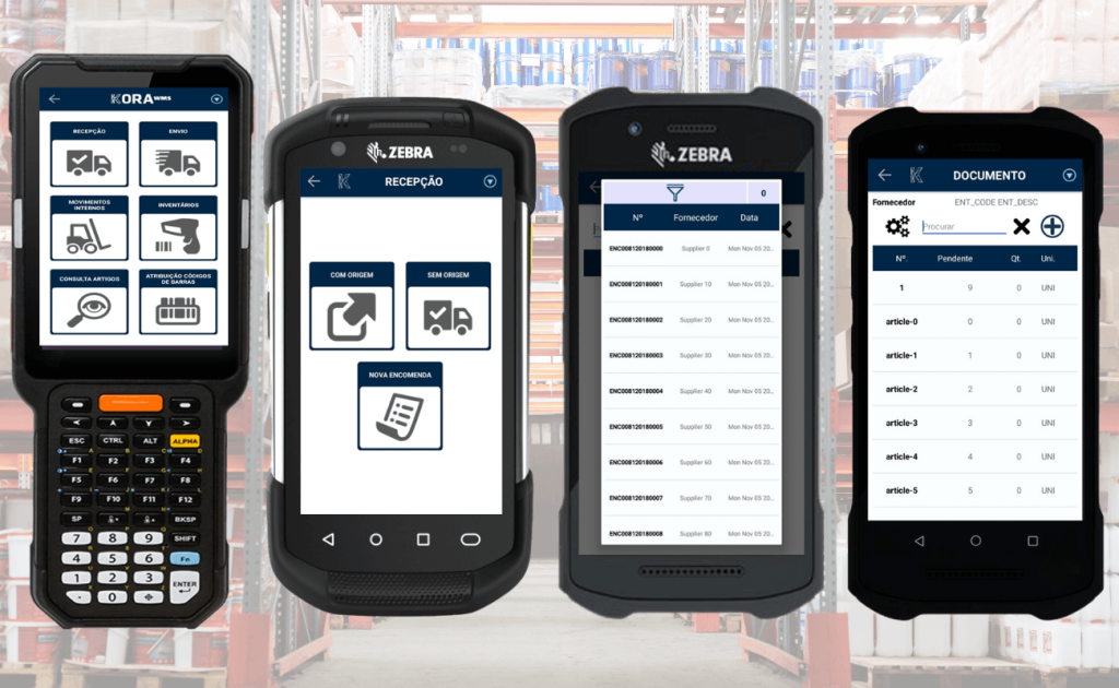 Ecrã do KORA Inventory Suite com mapas de armazém, listagens de stock, e movimentos de mercadoria.